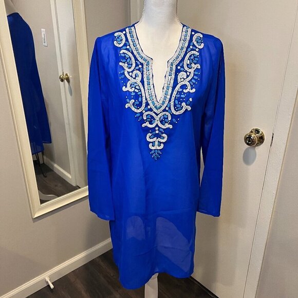 Club Z Collection Other - Club Z Collection Royal Blue beaded sheer cover up tunic, Size Medium